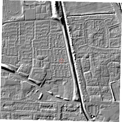Shaded relief map of the ground around HU69EJ, computed from Environment Agency LiDAR. The ground here sits at about 1 m above sea level and falls 6 m across the surrounding 800 m. Surface water reaching this point runs off ground lying to the south-east, 1.6 m higher.