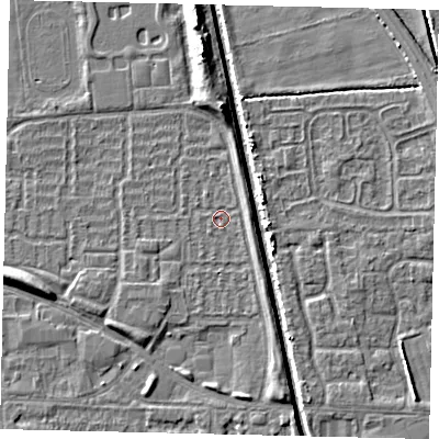 Shaded relief map of the ground around HU69EN, computed from Environment Agency LiDAR. The ground here sits at about 1 m above sea level and falls 6 m across the surrounding 800 m. Surface water reaching this point runs off ground lying to the east, 1.6 m higher.