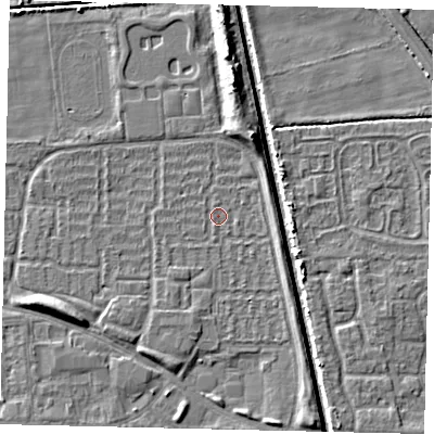 Shaded relief map of the ground around HU69EP, computed from Environment Agency LiDAR. The ground here sits at about 1 m above sea level and falls 6 m across the surrounding 800 m. Surface water reaching this point runs off ground lying to the north-north-east, 3.7 m higher.