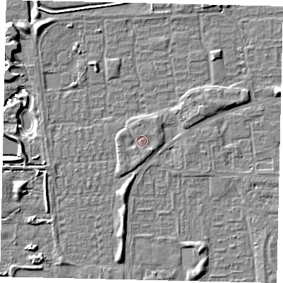 Shaded relief map of the ground around HU69EQ, computed from Environment Agency LiDAR. The ground here sits at about 2 m above sea level and falls 6 m across the surrounding 800 m. Surface water reaching this point runs off ground lying to the south-east, 1.5 m higher.