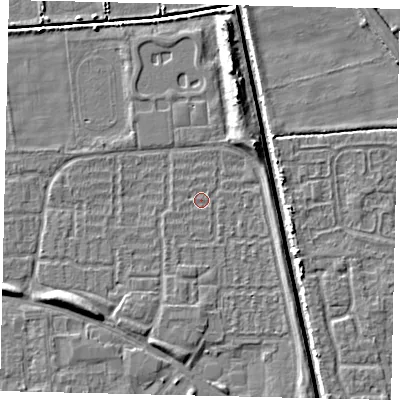 Shaded relief map of the ground around HU69ER, computed from Environment Agency LiDAR. The ground here sits at about 1 m above sea level and falls 6 m across the surrounding 800 m. Surface water reaching this point runs off ground lying to the north-north-west, 0.7 m higher.