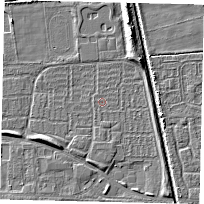 Shaded relief map of the ground around HU69ET, computed from Environment Agency LiDAR. The ground here sits at about 1 m above sea level and falls 6 m across the surrounding 800 m. Surface water reaching this point runs off ground lying to the north-east, 3.9 m higher.