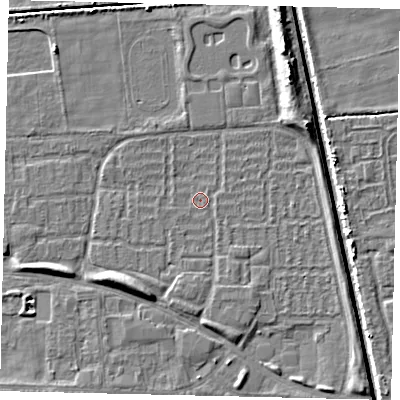 Shaded relief map of the ground around HU69EU, computed from Environment Agency LiDAR. The ground here sits at about 1 m above sea level and falls 6 m across the surrounding 800 m. Surface water reaching this point runs off ground lying to the east-north-east, 4.0 m higher.