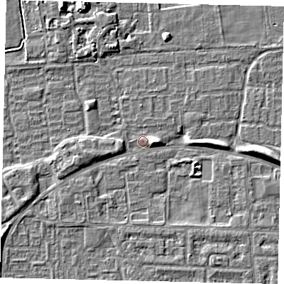 Shaded relief map of the ground around HU69EW, computed from Environment Agency LiDAR. The ground here sits at about 1 m above sea level and falls 7 m across the surrounding 800 m. Surface water reaching this point runs off ground lying to the east, 4.0 m higher.