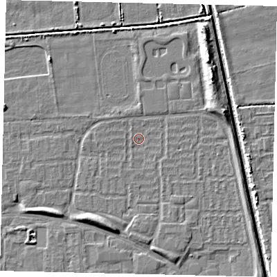 Shaded relief map of the ground around HU69EY, computed from Environment Agency LiDAR. The ground here sits at about 1 m above sea level and falls 6 m across the surrounding 800 m. Surface water reaching this point runs off ground lying to the east-north-east, 4.1 m higher.