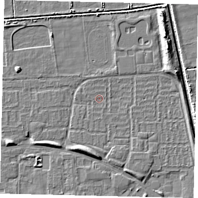 Shaded relief map of the ground around HU69EZ, computed from Environment Agency LiDAR. The ground here sits at about 1 m above sea level and falls 6 m across the surrounding 800 m. Surface water reaching this point runs off ground lying to the east-north-east, 4.1 m higher.