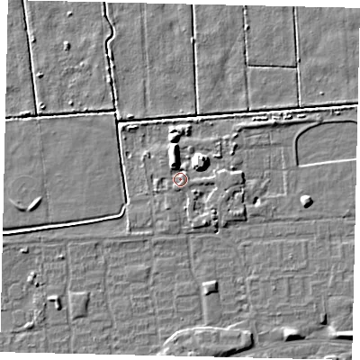 Shaded relief map of the ground around HU69FB, computed from Environment Agency LiDAR. The ground here sits at about 2 m above sea level and falls 7 m across the surrounding 800 m. Surface water reaching this point runs off ground lying to the north-east, 5.7 m higher.