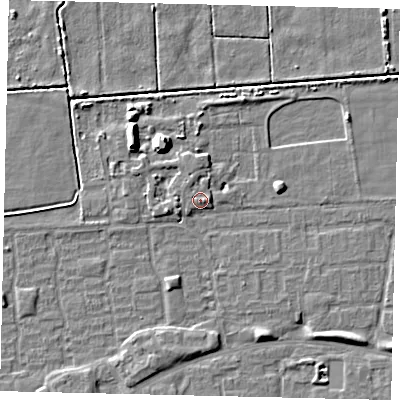 Shaded relief map of the ground around HU69FD, computed from Environment Agency LiDAR. The ground here sits at about 2 m above sea level and falls 7 m across the surrounding 800 m. Surface water reaching this point runs off ground lying to the south-south-east, 1.4 m higher.