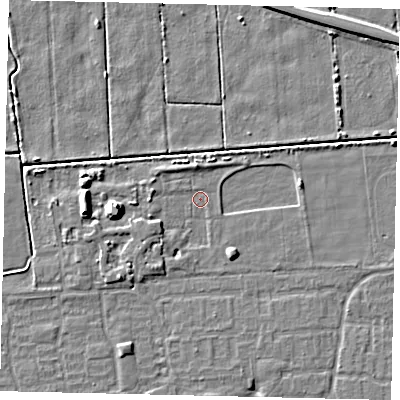 Shaded relief map of the ground around HU69FE, computed from Environment Agency LiDAR. The ground here sits at about 1 m above sea level and falls 7 m across the surrounding 800 m. Surface water reaching this point runs off ground lying to the west-south-west, 2.4 m higher.