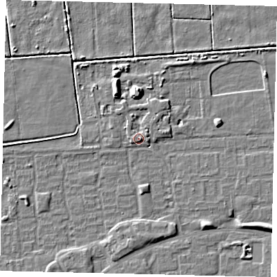 Shaded relief map of the ground around HU69FF, computed from Environment Agency LiDAR. The ground here sits at about 2 m above sea level and falls 7 m across the surrounding 800 m. Surface water reaching this point runs off ground lying to the east-south-east, 1.8 m higher.