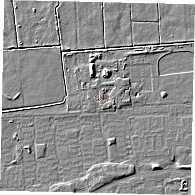 Shaded relief map of the ground around HU69FG, computed from Environment Agency LiDAR. The ground here sits at about 1 m above sea level and falls 7 m across the surrounding 800 m. Surface water reaching this point runs off ground lying to the south-east, 2.1 m higher.