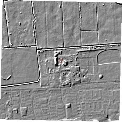 Shaded relief map of the ground around HU69FH, computed from Environment Agency LiDAR. The ground here sits at about 1 m above sea level and falls 7 m across the surrounding 800 m. Surface water reaching this point runs off ground lying to the south-east, 5.8 m higher.