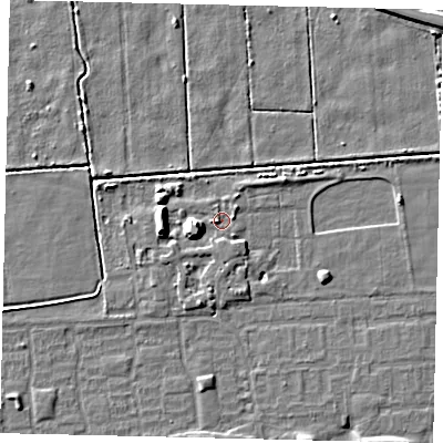 Shaded relief map of the ground around HU69FJ, computed from Environment Agency LiDAR. The ground here sits at about 1 m above sea level and falls 7 m across the surrounding 800 m. Surface water reaching this point runs off ground lying to the west-south-west, 5.9 m higher.