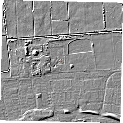 Shaded relief map of the ground around HU69FN, computed from Environment Agency LiDAR. The ground here sits at about 1 m above sea level and falls 7 m across the surrounding 800 m. Surface water reaching this point runs off ground lying to the west-north-west, 2.4 m higher.