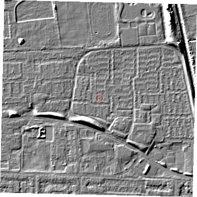 Shaded relief map of the ground around HU69HA, computed from Environment Agency LiDAR. The ground here sits at about 1 m above sea level and falls 6 m across the surrounding 800 m. Surface water reaching this point runs off ground lying to the south-south-west, 3.6 m higher.