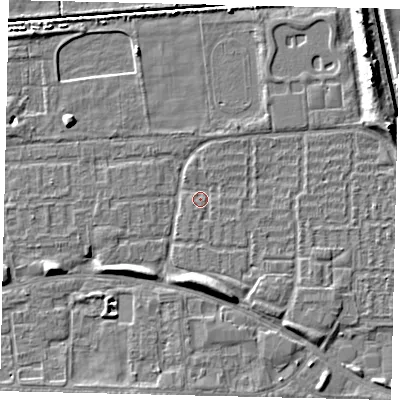 Shaded relief map of the ground around HU69HB, computed from Environment Agency LiDAR. The ground here sits at about 1 m above sea level and falls 6 m across the surrounding 800 m. Surface water reaching this point runs off ground lying to the east-north-east, 4.1 m higher.