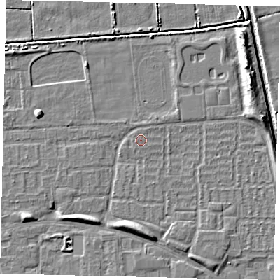 Shaded relief map of the ground around HU69HD, computed from Environment Agency LiDAR. The ground here sits at about 1 m above sea level and falls 6 m across the surrounding 800 m. The ground contributing surface water to this point lies to the west.