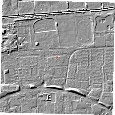 Shaded relief map of the ground around HU69HE, computed from Environment Agency LiDAR. The ground here sits at about 1 m above sea level and falls 7 m across the surrounding 800 m. Surface water reaching this point runs off ground lying to the south-south-east, 3.7 m higher.