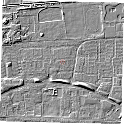 Shaded relief map of the ground around HU69HG, computed from Environment Agency LiDAR. The ground here sits at about 1 m above sea level and falls 7 m across the surrounding 800 m. Surface water reaching this point runs off ground lying to the south-west, 0.6 m higher.