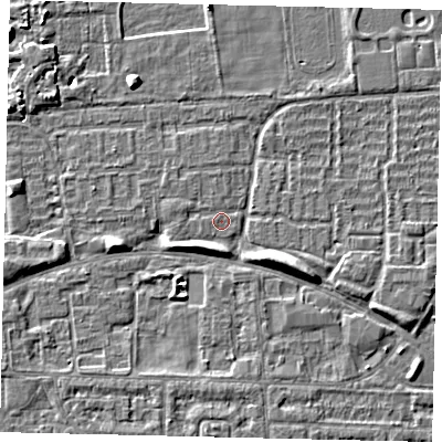 Shaded relief map of the ground around HU69HH, computed from Environment Agency LiDAR. The ground here sits at about 1 m above sea level and falls 5 m across the surrounding 800 m. Surface water reaching this point runs off ground lying to the south-east, 3.6 m higher.