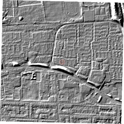Shaded relief map of the ground around HU69HN, computed from Environment Agency LiDAR. The ground here sits at about 1 m above sea level and falls 6 m across the surrounding 800 m. The ground contributing surface water to this point lies to the north-north-west.