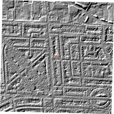 Shaded relief map of the ground around HU69JA, computed from Environment Agency LiDAR. The ground here sits at about 2 m above sea level and falls 2 m across the surrounding 800 m. The ground contributing surface water to this point lies to the east-south-east.