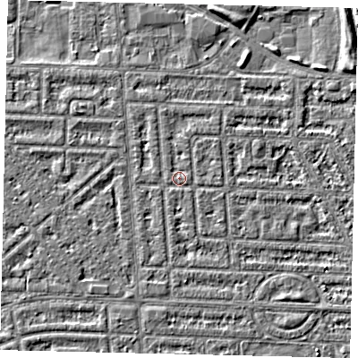 Shaded relief map of the ground around HU69JB, computed from Environment Agency LiDAR. The ground here sits at about 2 m above sea level and falls 4 m across the surrounding 800 m. Surface water reaching this point runs off ground lying to the east-north-east, 0.6 m higher.