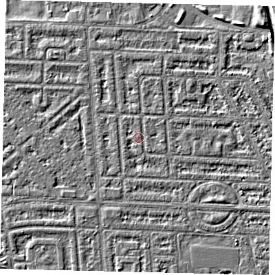 Shaded relief map of the ground around HU69JE, computed from Environment Agency LiDAR. The ground here sits at about 2 m above sea level and falls 4 m across the surrounding 800 m. Surface water reaching this point runs off ground lying to the west-north-west, 1.0 m higher.