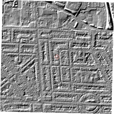 Shaded relief map of the ground around HU69JH, computed from Environment Agency LiDAR. The ground here sits at about 2 m above sea level and falls 4 m across the surrounding 800 m. Surface water reaching this point runs off ground lying to the south, 0.7 m higher.