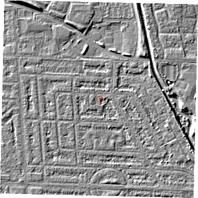 Shaded relief map of the ground around HU69JP, computed from Environment Agency LiDAR. The ground here sits at about 2 m above sea level and falls 5 m across the surrounding 800 m. Surface water reaching this point runs off ground lying to the east-south-east, 2.4 m higher.