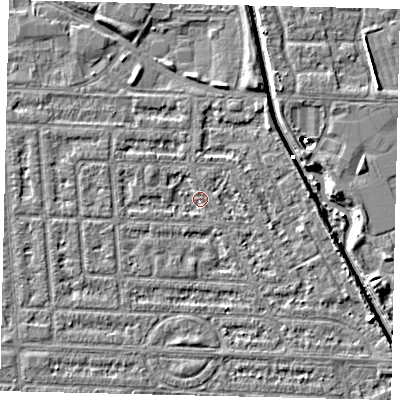 Shaded relief map of the ground around HU69JR, computed from Environment Agency LiDAR. The ground here sits at about 1 m above sea level and falls 5 m across the surrounding 800 m. Surface water reaching this point runs off ground lying to the south-east, 2.8 m higher.