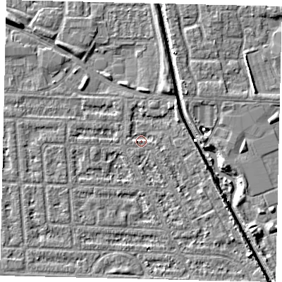 Shaded relief map of the ground around HU69JS, computed from Environment Agency LiDAR. The ground here sits at about 2 m above sea level and falls 5 m across the surrounding 800 m. Surface water reaching this point runs off ground lying to the west, 1.4 m higher.