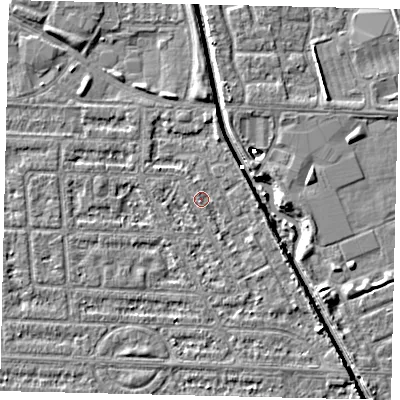Shaded relief map of the ground around HU69JT, computed from Environment Agency LiDAR. The ground here sits at about 2 m above sea level and falls 5 m across the surrounding 800 m. Surface water reaching this point runs off ground lying to the north-north-west, 0.9 m higher.