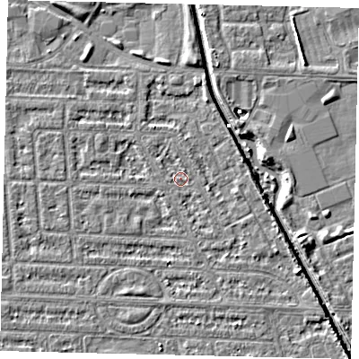 Shaded relief map of the ground around HU69JU, computed from Environment Agency LiDAR. The ground here sits at about 2 m above sea level and falls 5 m across the surrounding 800 m. Surface water reaching this point runs off ground lying to the south-east, 2.8 m higher.