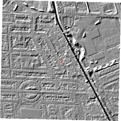 Shaded relief map of the ground around HU69JX, computed from Environment Agency LiDAR. The ground here sits at about 2 m above sea level and falls 5 m across the surrounding 800 m. Surface water reaching this point runs off ground lying to the east, 1.9 m higher.