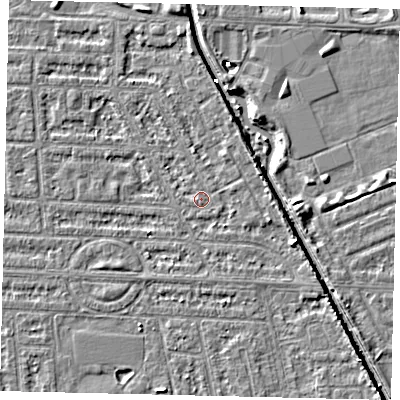Shaded relief map of the ground around HU69LA, computed from Environment Agency LiDAR. The ground here sits at about 2 m above sea level and falls 5 m across the surrounding 800 m. The ground contributing surface water to this point lies to the east-south-east.