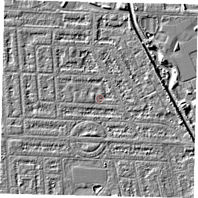 Shaded relief map of the ground around HU69LG, computed from Environment Agency LiDAR. The ground here sits at about 1 m above sea level and falls 5 m across the surrounding 800 m. Surface water reaching this point runs off ground lying to the east-south-east, 2.7 m higher.