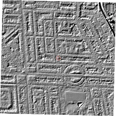 Shaded relief map of the ground around HU69LN, computed from Environment Agency LiDAR. The ground here sits at about 2 m above sea level and falls 4 m across the surrounding 800 m. Surface water reaching this point runs off ground lying to the west-north-west, 0.5 m higher.