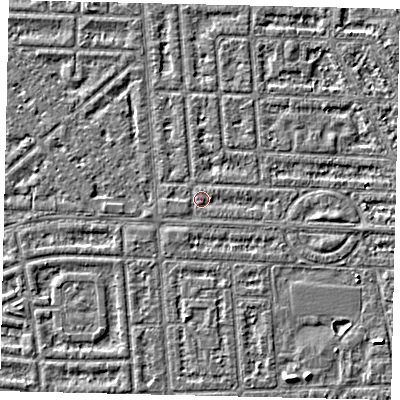 Shaded relief map of the ground around HU69LP, computed from Environment Agency LiDAR. The ground here sits at about 2 m above sea level and falls 3 m across the surrounding 800 m. Surface water reaching this point runs off ground lying to the east, 0.9 m higher.