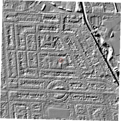 Shaded relief map of the ground around HU69LQ, computed from Environment Agency LiDAR. The ground here sits at about 2 m above sea level and falls 5 m across the surrounding 800 m. Surface water reaching this point runs off ground lying to the east-south-east, 2.8 m higher.