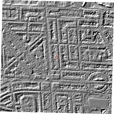 Shaded relief map of the ground around HU69LR, computed from Environment Agency LiDAR. The ground here sits at about 2 m above sea level and falls 2 m across the surrounding 800 m. Surface water reaching this point runs off ground lying to the north-west, 0.7 m higher.