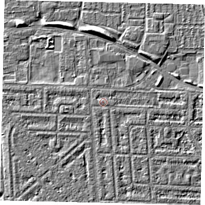 Shaded relief map of the ground around HU69LT, computed from Environment Agency LiDAR. The ground here sits at about 2 m above sea level and falls 5 m across the surrounding 800 m. The ground contributing surface water to this point lies to the south-south-east.