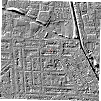 Shaded relief map of the ground around HU69LX, computed from Environment Agency LiDAR. The ground here sits at about 2 m above sea level and falls 5 m across the surrounding 800 m. Surface water reaching this point runs off ground lying to the east-south-east, 2.4 m higher.