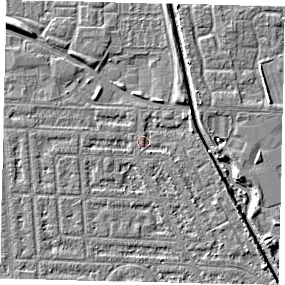 Shaded relief map of the ground around HU69LY, computed from Environment Agency LiDAR. The ground here sits at about 2 m above sea level and falls 5 m across the surrounding 800 m. Surface water reaching this point runs off ground lying to the south-east, 1.4 m higher.