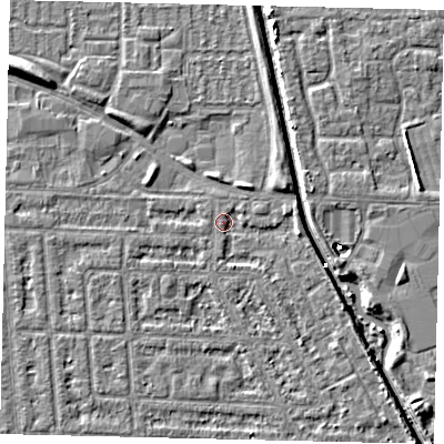 Shaded relief map of the ground around HU69LZ, computed from Environment Agency LiDAR. The ground here sits at about 2 m above sea level and falls 5 m across the surrounding 800 m. Surface water reaching this point runs off ground lying to the south-south-east, 1.4 m higher.