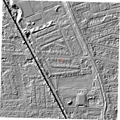 Shaded relief map of the ground around HU69NA, computed from Environment Agency LiDAR. The ground here sits at about 2 m above sea level and falls 5 m across the surrounding 800 m. Surface water reaching this point runs off ground lying to the south-south-west, 0.7 m higher.