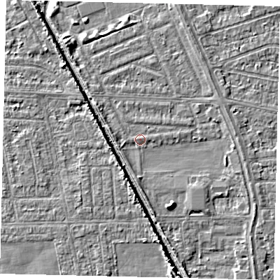 Shaded relief map of the ground around HU69NB, computed from Environment Agency LiDAR. The ground here sits at about 2 m above sea level and falls 5 m across the surrounding 800 m. Surface water reaching this point runs off ground lying to the south, 1.6 m higher.