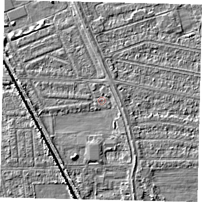 Shaded relief map of the ground around HU69ND, computed from Environment Agency LiDAR. The ground here sits at about 2 m above sea level and falls 5 m across the surrounding 800 m. Surface water reaching this point runs off ground lying to the south-west, 1.6 m higher.