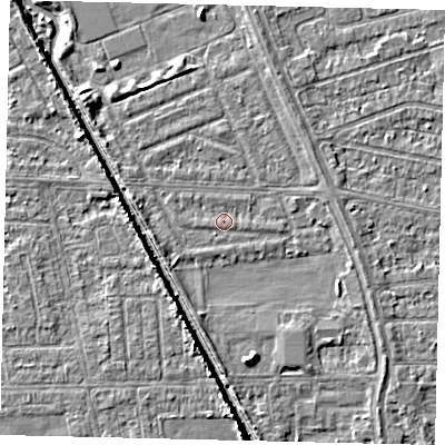 Shaded relief map of the ground around HU69NE, computed from Environment Agency LiDAR. The ground here sits at about 2 m above sea level and falls 5 m across the surrounding 800 m. Surface water reaching this point runs off ground lying to the west, 1.7 m higher.