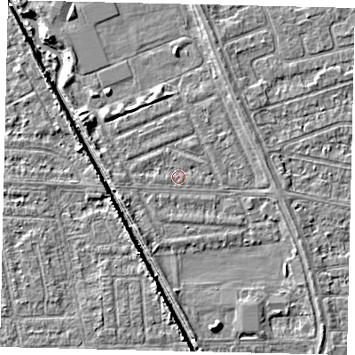 Shaded relief map of the ground around HU69NG, computed from Environment Agency LiDAR. The ground here sits at about 2 m above sea level and falls 5 m across the surrounding 800 m. Surface water reaching this point runs off ground lying to the west-north-west, 0.7 m higher.